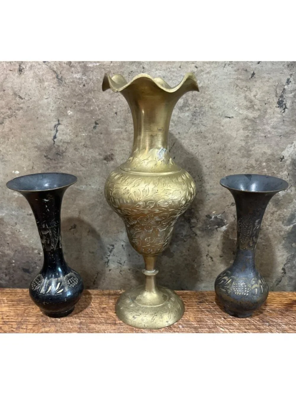 Lot Of 3 Vintage Brass Engraved Decorative Vases With Floral Patterns